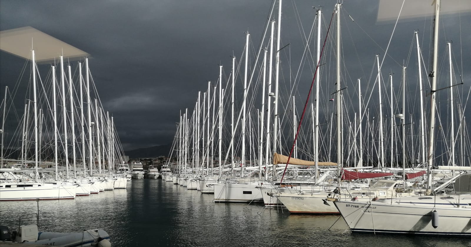 The view from our office in the marina on a rainy day