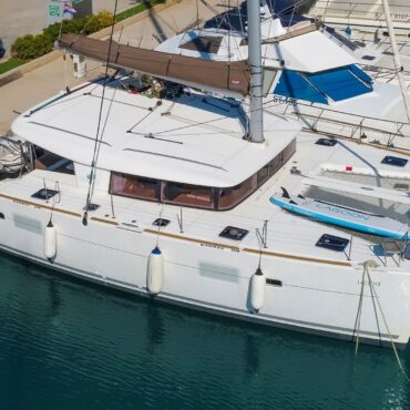 Lagoon 400S2 Second Wind from the air parked in marina