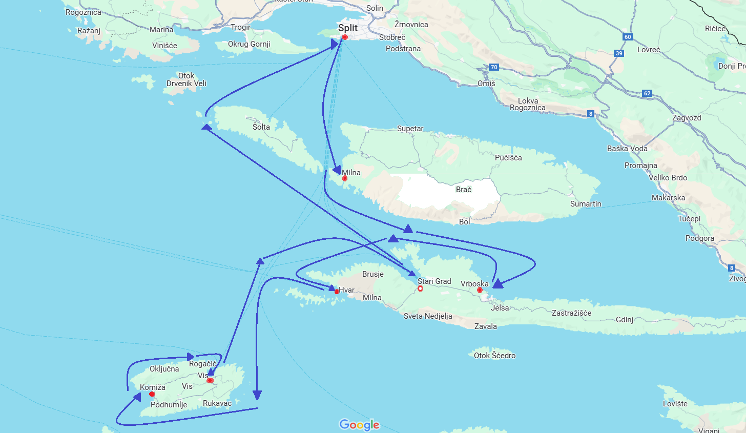 Sailing route south of Split